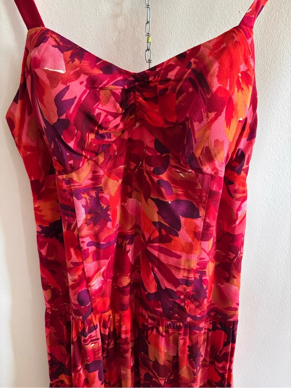 Studio 1940 Red Abstract Floral Tiered Midi Dress Size 14 V-Neck